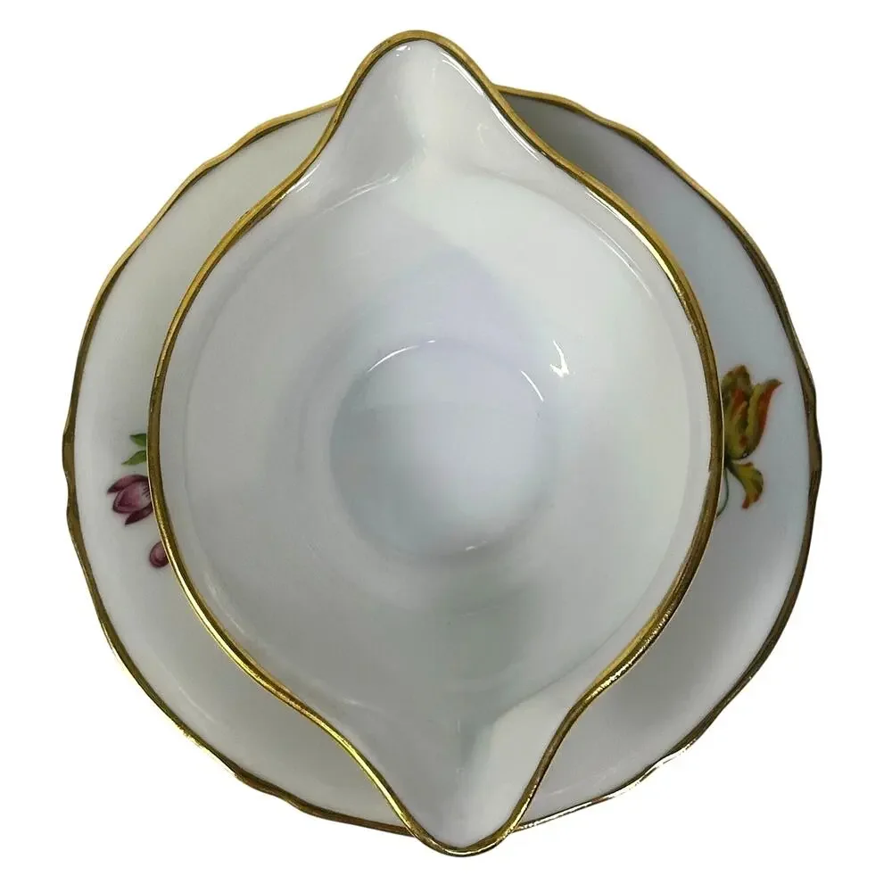 AJCO (AJ07) Vintage 1930's Gold Trim 'Flower' Gravy Boat/Attached Underplate